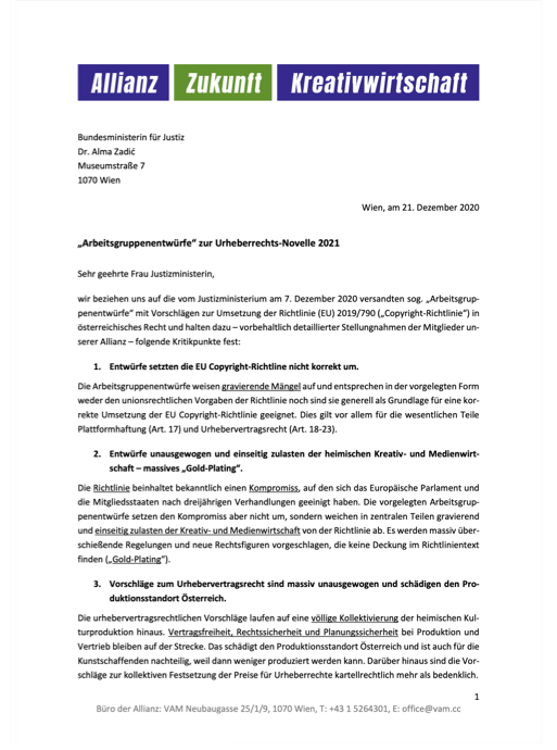 AZK Brief an die Justizministerin Zadic 2020